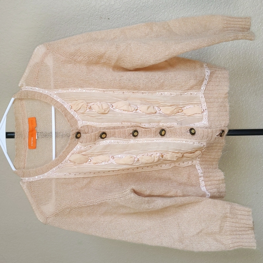 Cynthia Steffe Mohair Crop Cardigan Sweater Pearls Lace